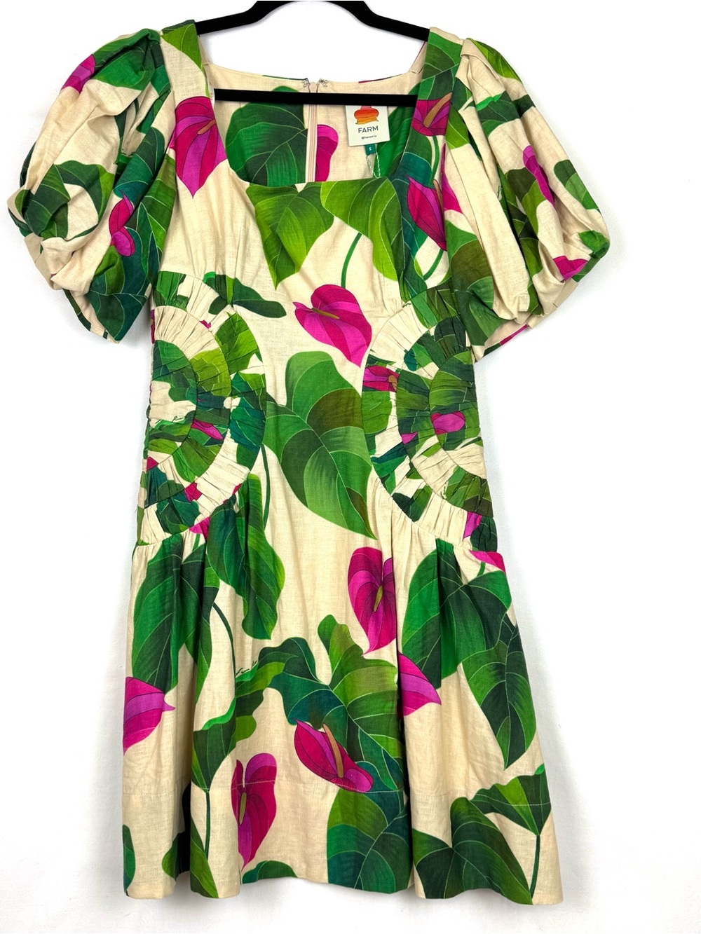 New With Tags FARM Rio Cream Midi Dress with Pink Anthurium & Green Leaves Small - Picture 3 of 14